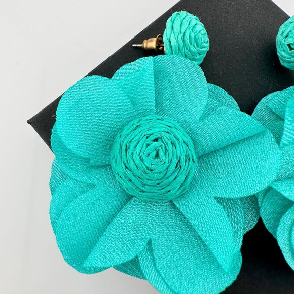 Teal Cloth Flower Earrings - CUTE! - Picture 3 of 6
